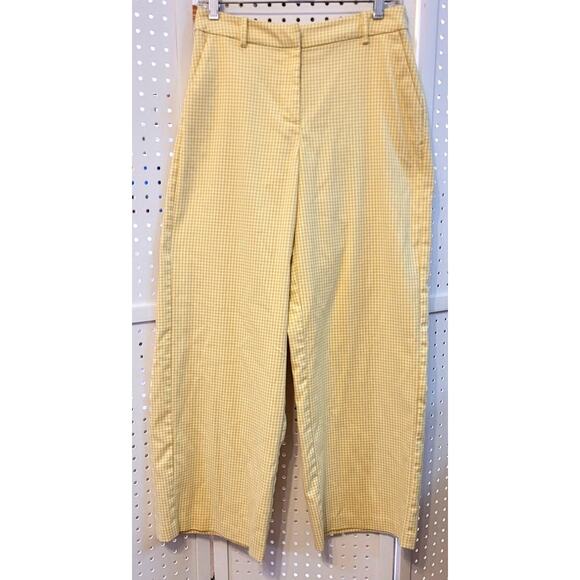ICHI Womens IHRINA Pants 38 US 8 Yellow White Check Wide Leg Minimalist Preppy - Picture 1 of 12